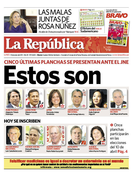 Portada de los diarios de Lima, 10 de enero de 2011