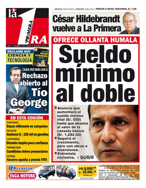 Portada de los diarios de Lima, 10 de enero de 2011