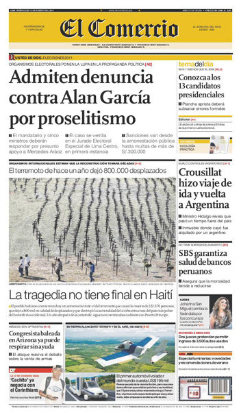 Portada de los diarios de Lima, 12 de enero de 2011