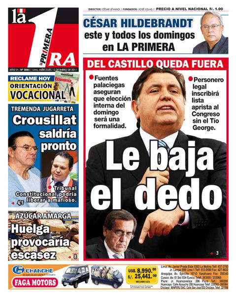 Portada de los diarios de Lima, 12 de enero de 2011