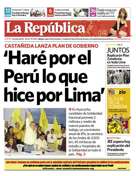 Portada de los diarios de Lima, 13 de enero de 2011