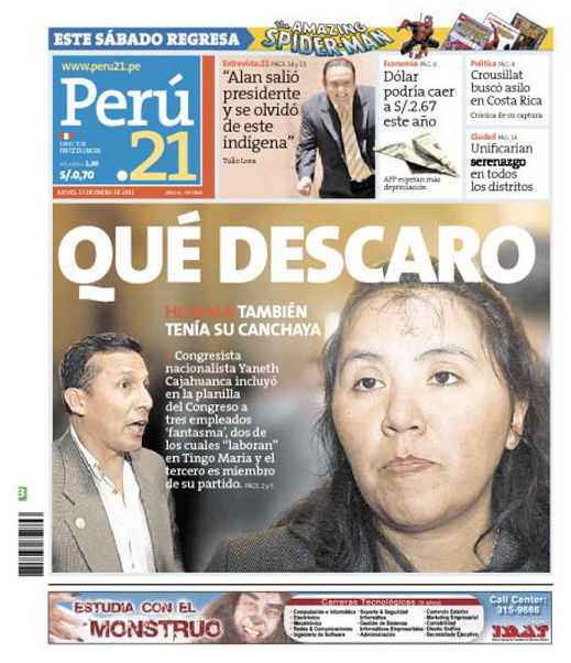 Portada de los diarios de Lima, 13 de enero de 2011