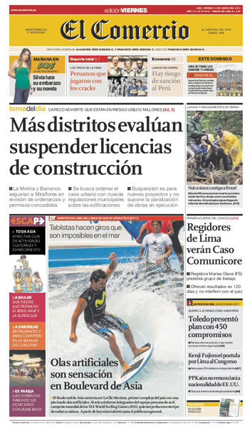 Portada de los diarios de Lima, 14 de enero de 2011