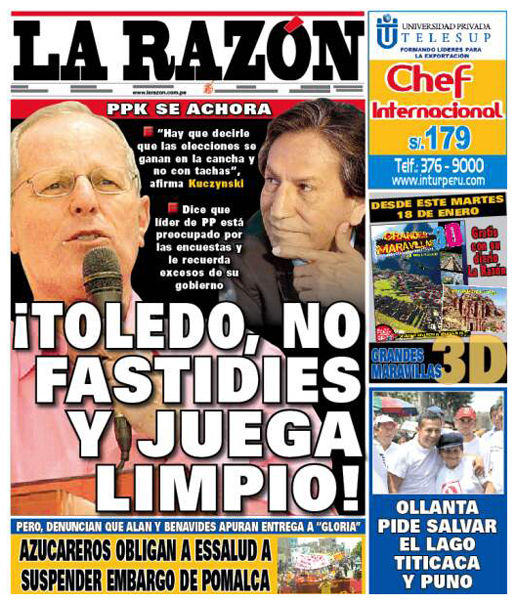 Portada de los diarios de Lima, 14 de enero de 2011