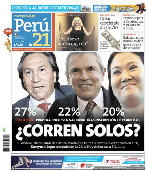 Portada de los diarios de Lima, 14 de enero de 2011