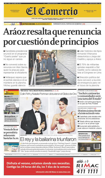 Portada de los diarios de Lima, 17 de enero de 2011