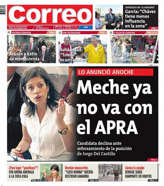 Portada de los diarios de Lima, 17 de enero de 2011