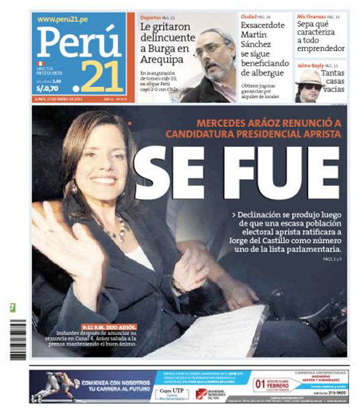 Portada de los diarios de Lima, 17 de enero de 2011