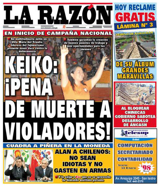 Portada de los diarios de Lima, 20 de enero de 2011