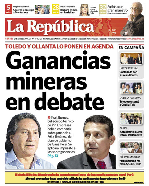 Portada de los diarios de Lima, 21 de enero de 2011