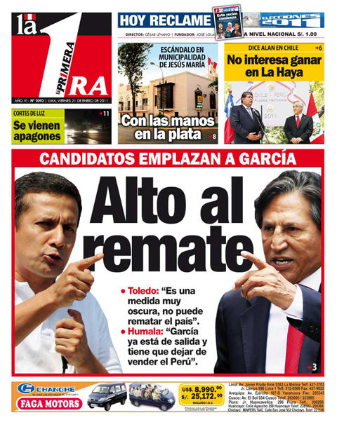 Portada de los diarios de Lima, 21 de enero de 2011