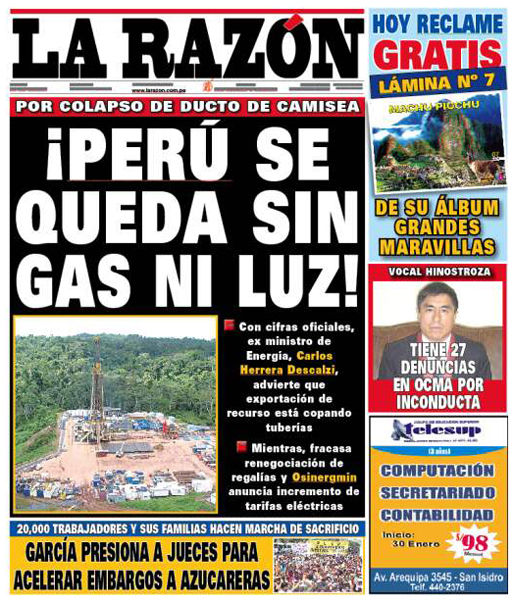 Portada de los diarios de Lima, 24 de enero de 2011