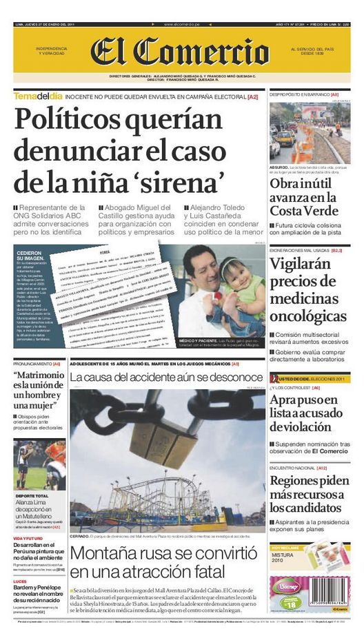Portada de los diarios de Lima, 27 de enero de 2011