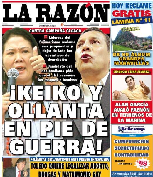 Portada de los diarios de Lima, 28 de enero de 2011