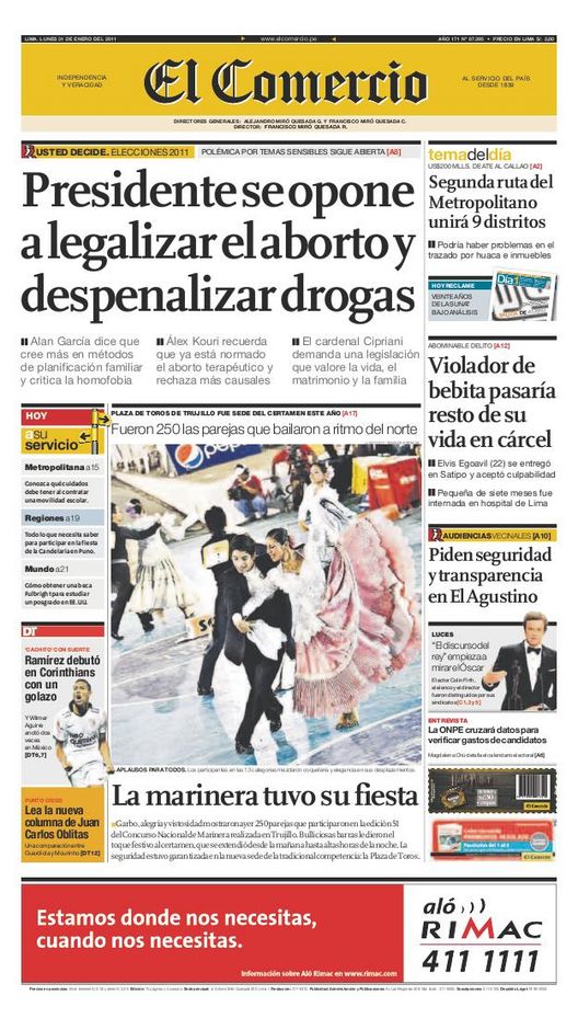 Portada de los diarios de Lima, 31 de enero de 2011