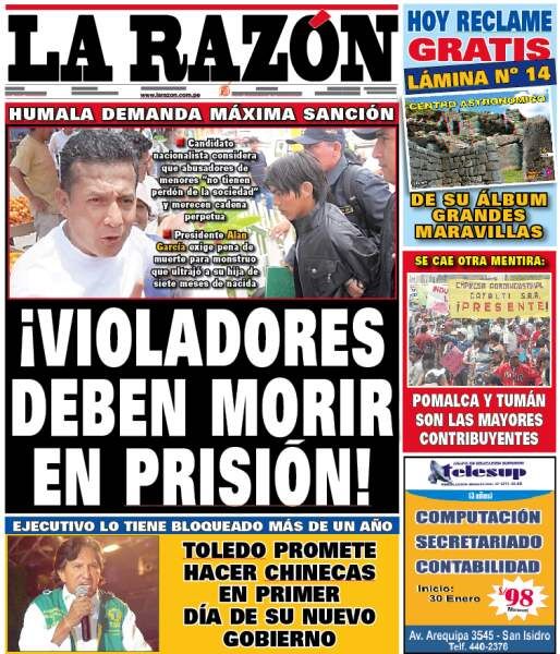 Portada de los diarios de Lima, 31 de enero de 2011