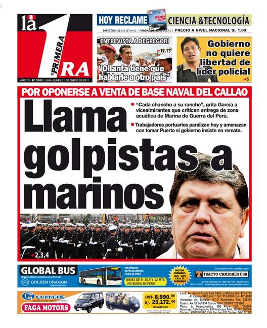 Portada de los diarios de Lima, 31 de enero de 2011