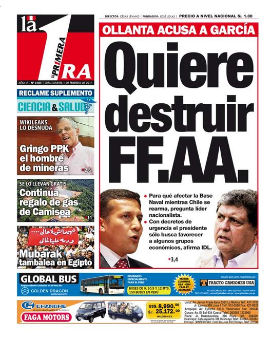 Portada de los diarios de Lima, 01 de febrero de 2011
