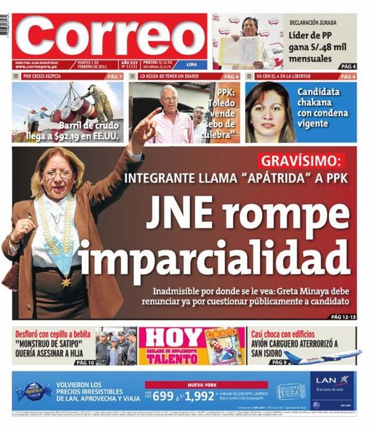Portada de los diarios de Lima, 01 de febrero de 2011