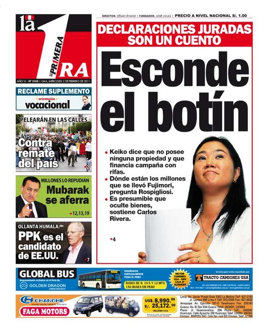 Portada de los diarios de Lima, 02 de febrero de 2011