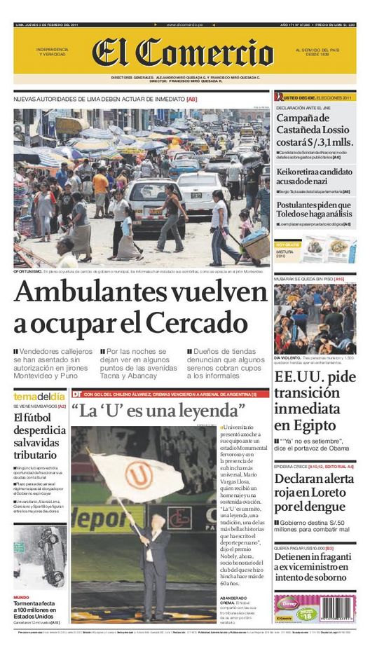 Portada de los diarios de Lima, 03 de febrero de 2011