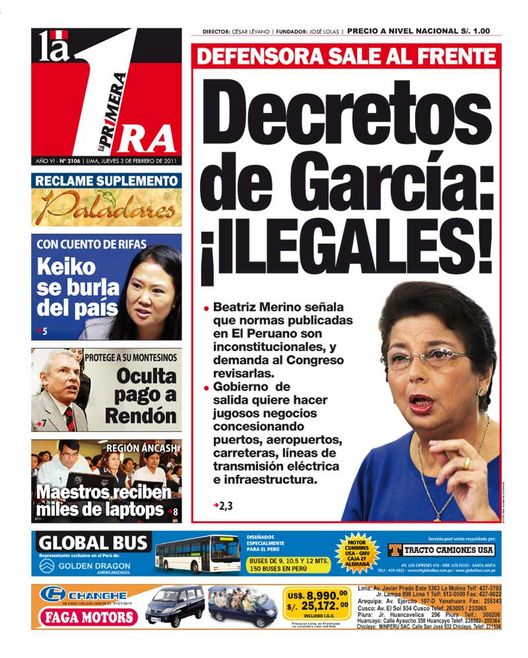 Portada de los diarios de Lima, 03 de febrero de 2011
