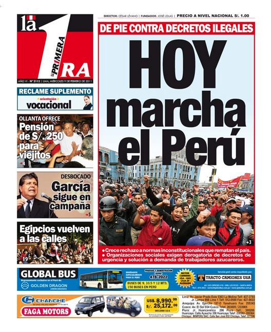 Portada de los diarios de Lima, 09 de febrero de 2011