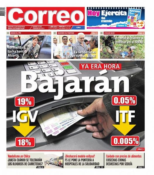 Portada de los diarios de Lima, 10 de febrero de 2011
