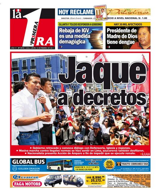 Portada de los diarios de Lima, 10 de febrero de 2011