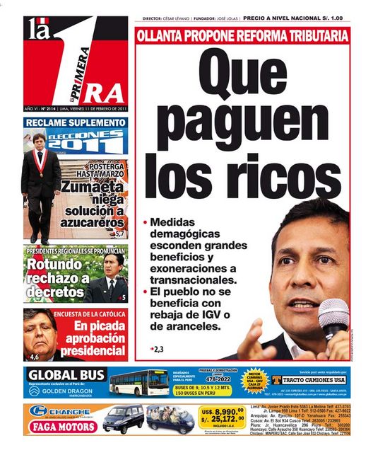 Portada de los diarios de Lima, 11 de febrero de 2011