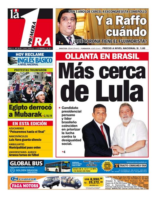 Portada de los diarios de Lima, 12 de febrero de 2011
