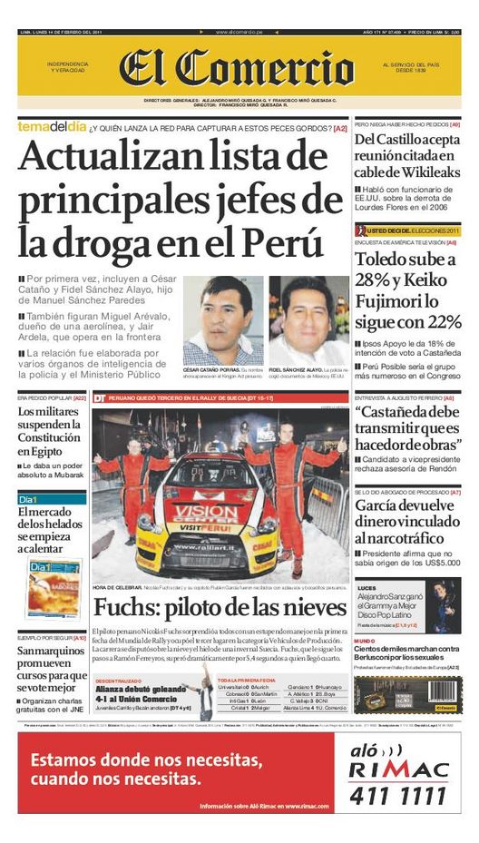 Portada de los diarios de Lima, 14 de febrero de 2011