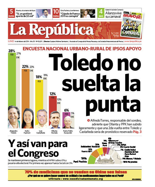 Portada de los diarios de Lima, 14 de febrero de 2011