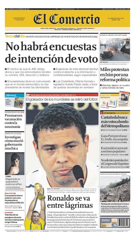 Portada de los diarios de Lima, 15 de febrero de 2011