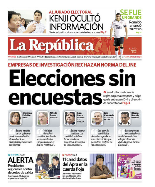 Portada de los diarios de Lima, 15 de febrero de 2011