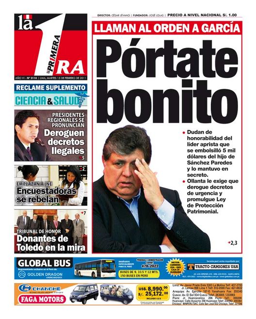 Portada de los diarios de Lima, 15 de febrero de 2011