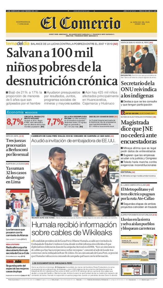 Portada de los diarios de Lima, 16 de febrero de 2011