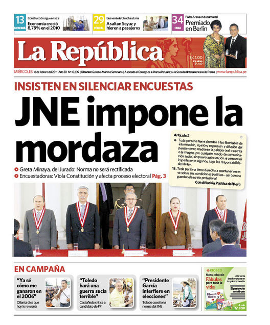 Portada de los diarios de Lima, 16 de febrero de 2011