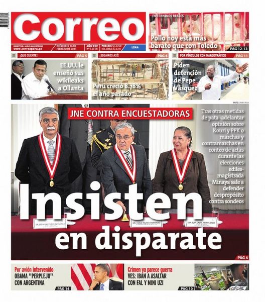 Portada de los diarios de Lima, 16 de febrero de 2011