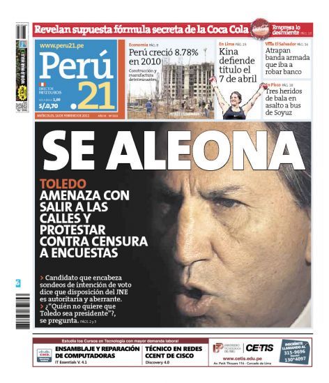 Portada de los diarios de Lima, 16 de febrero de 2011