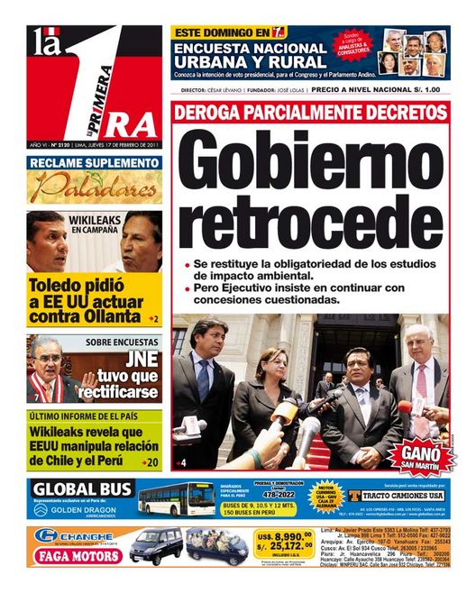 Portada de los diarios de Lima, 17 de febrero de 2011