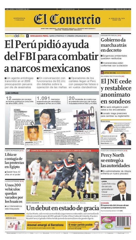 Portada de los diarios de Lima, 17 de febrero de 2011