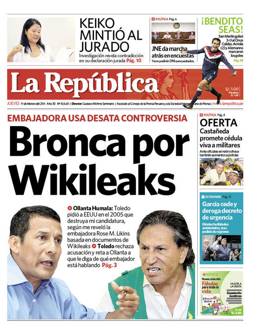 Portada de los diarios de Lima, 17 de febrero de 2011
