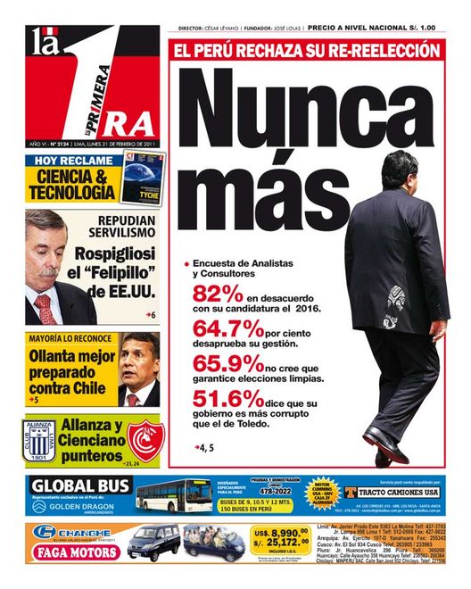 Portada de los diarios de Lima, 21 de febrero de 2011