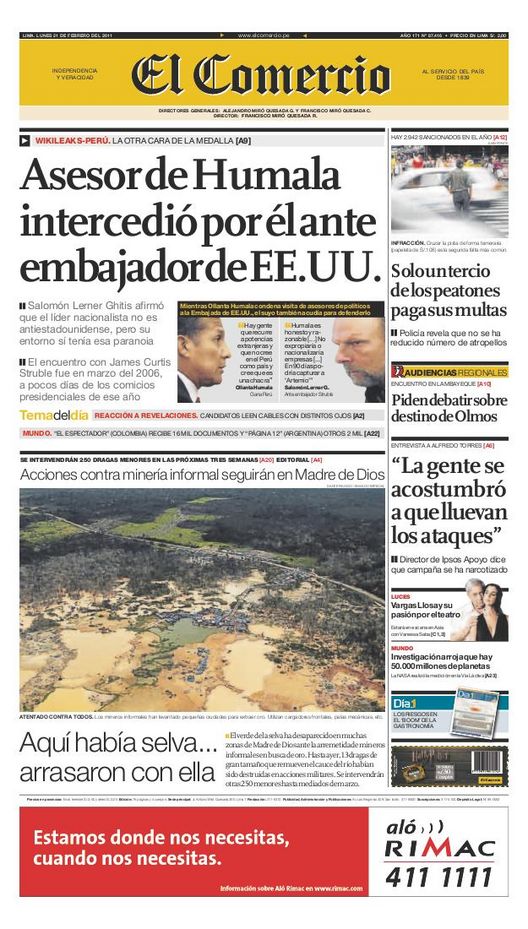 Portada de los diarios de Lima, 21 de febrero de 2011