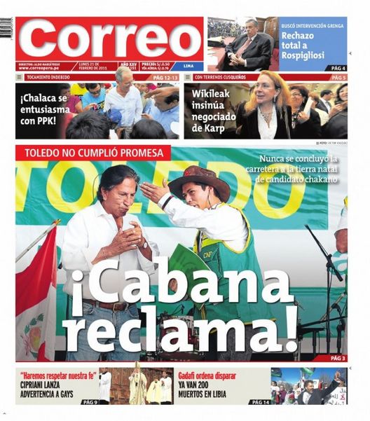 Portada de los diarios de Lima, 21 de febrero de 2011