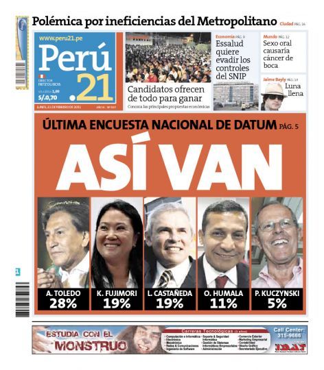 Portada de los diarios de Lima, 21 de febrero de 2011