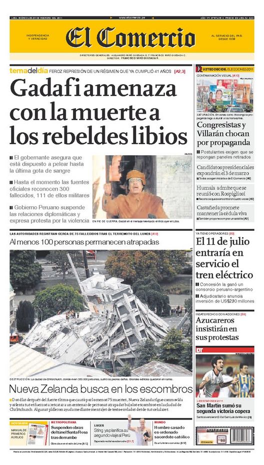 Portada de los diarios de Lima, 23 de febrero de 2011