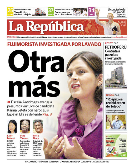 Portada de los diarios de Lima, 23 de febrero de 2011