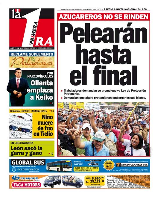 Portada de los diarios de Lima, 24 de febrero de 2011